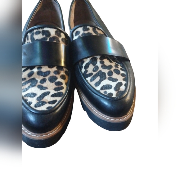 Halogen Black Leather Pony Hair Leopard Print Pointy Toe Slip On Loafers… - Picture 2 of 12